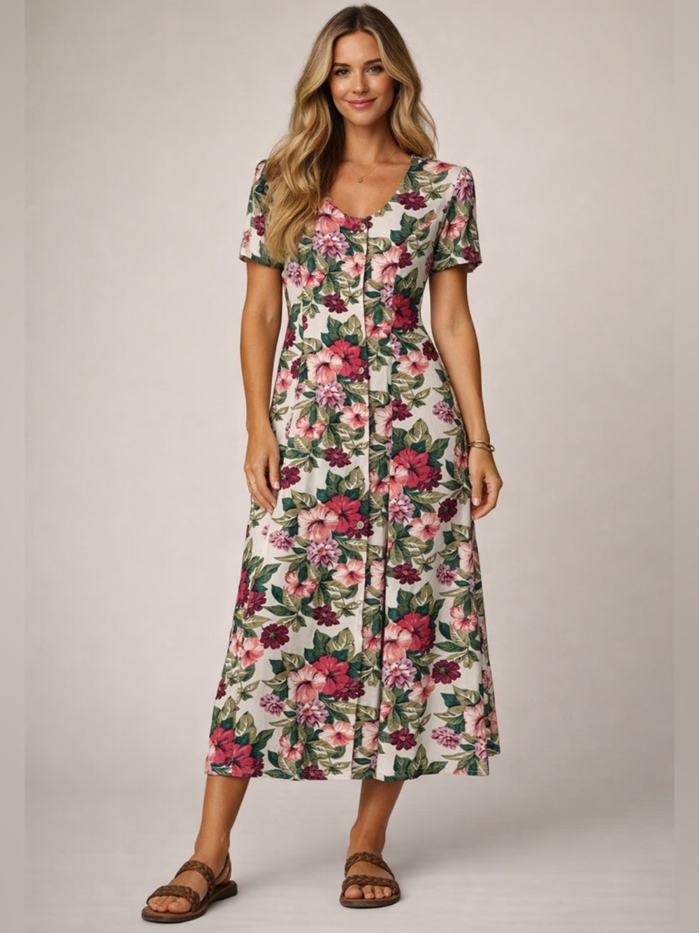 Vintage Dawn Joy Fashions Dress 1980s Floral Drop Waist Button Closure 10